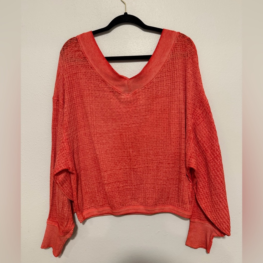 We The Free Coral V-Neck Waffle Knit Oversized Sweater